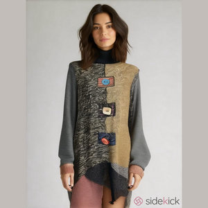 Hand Jive Vintage Boho Tunic Mock Neck Wearable Art Patchwork Lagenlook Top M